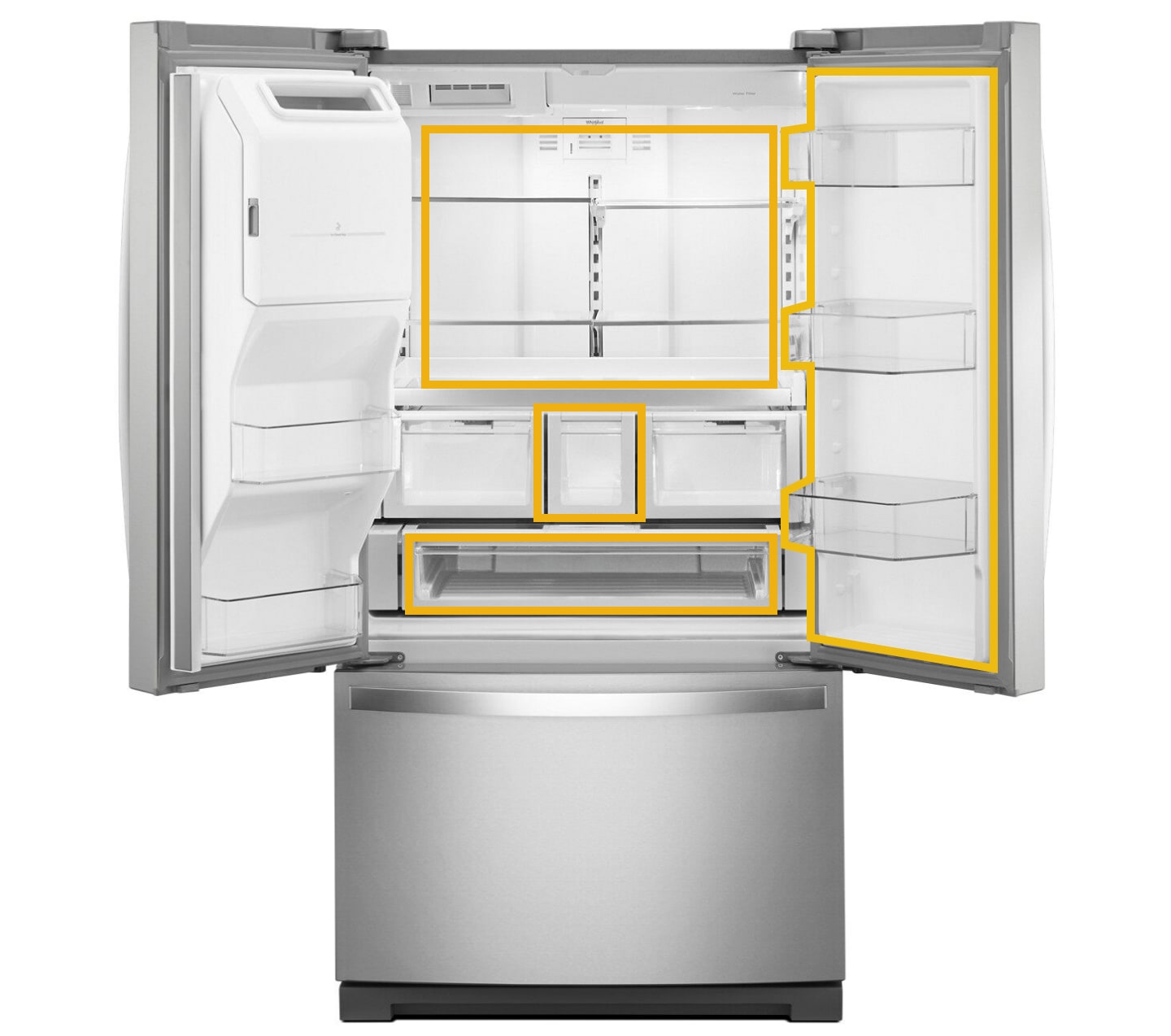 Whirlpool® French Door Refrigerator with doors open Whirlpool® French Door Refrigerator with doors open